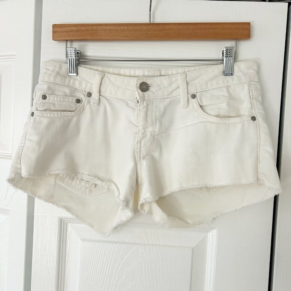 Aritzia Talula White Denim Cutoff Shorts Raw Hem High Rise Stretch Size 27